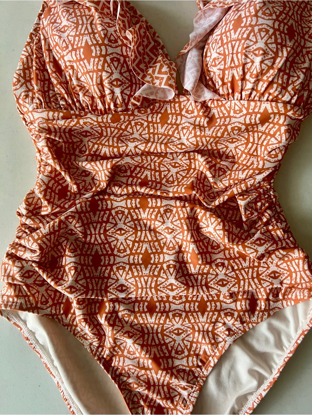 Ellen Tracy Orange and White Patterned One-Piece Swimsuit - Picture 4 of 13